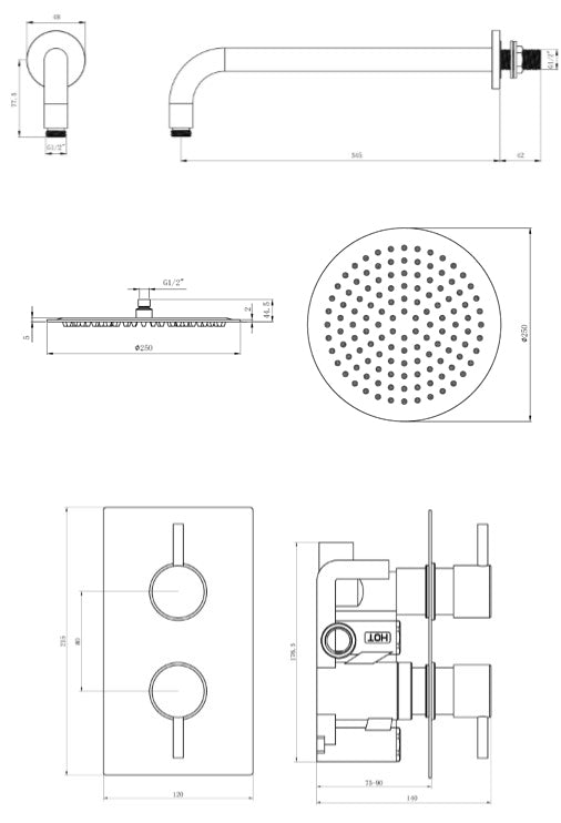 Mya Chrome Round Thermostatic Shower Set - 250mm Head