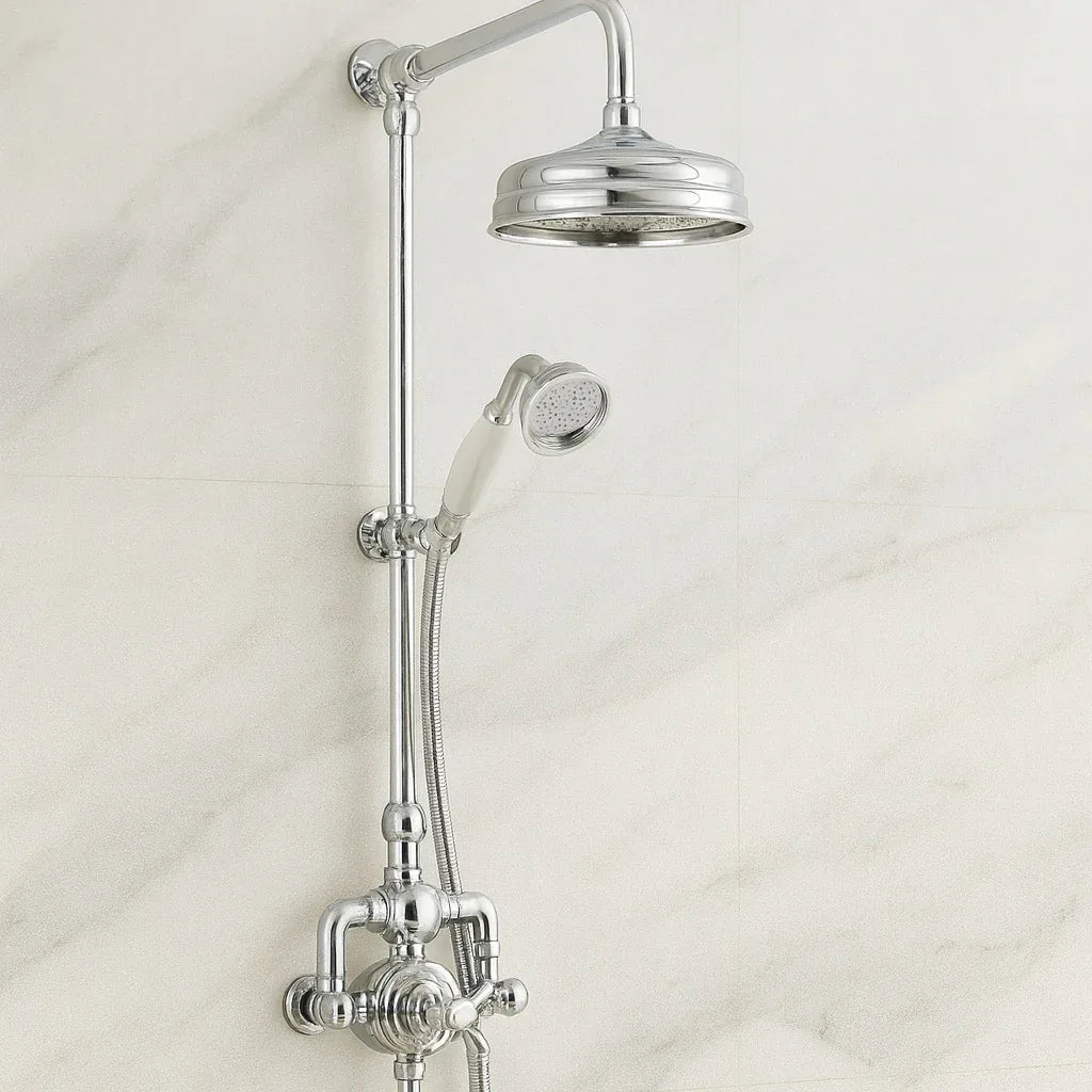 Chrome shower head and handheld shower on a white background