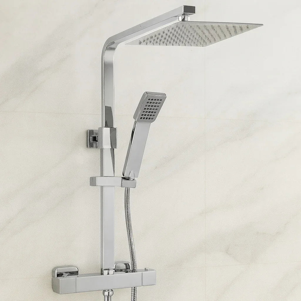 Chrome shower system with rain shower head and handheld shower on a light background