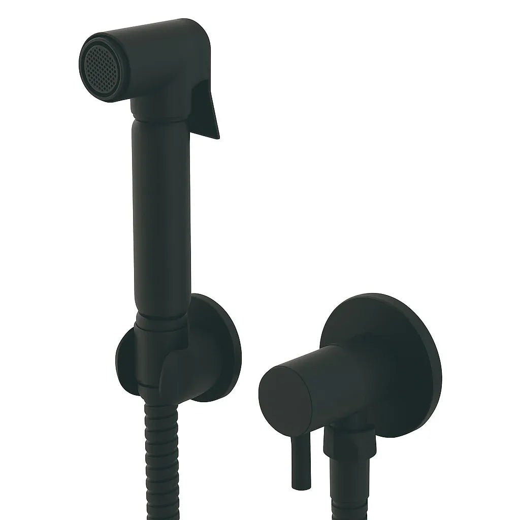 Black handheld shower head and wall-mounted valve on a white background