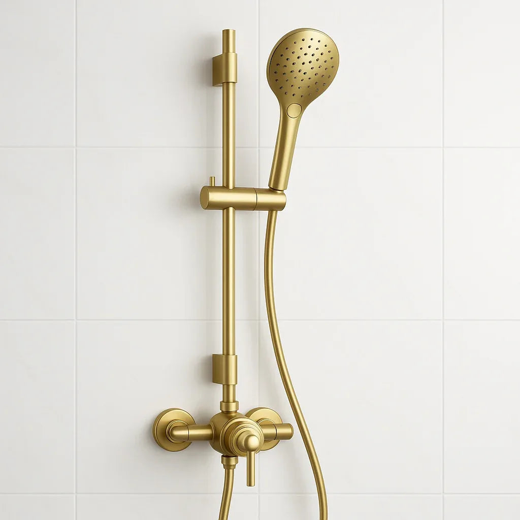 Gold shower head and control panel on a white tiled wall