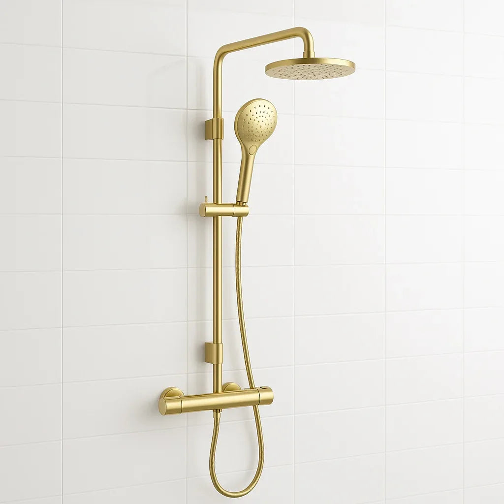 Gold shower set with handheld shower head and wall-mounted showerhead on a white tiled wall.