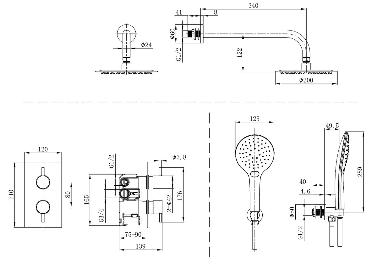 Mya Gunmetal Grey Round Thermostatic Shower Set - 250mm Head & Hand Shower