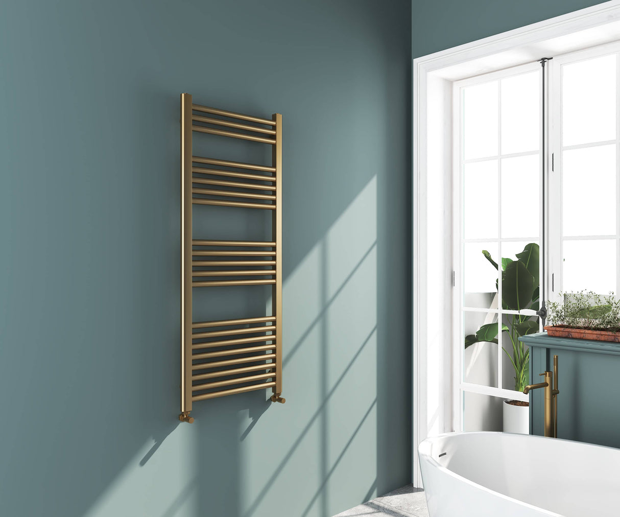 Omata Brushed Brass Straight Heated Towel Rail 1200x500mm