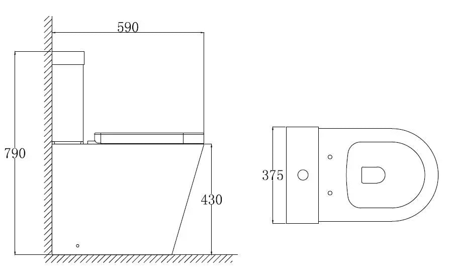 Technical drawing of a toilet with dimensions labeled