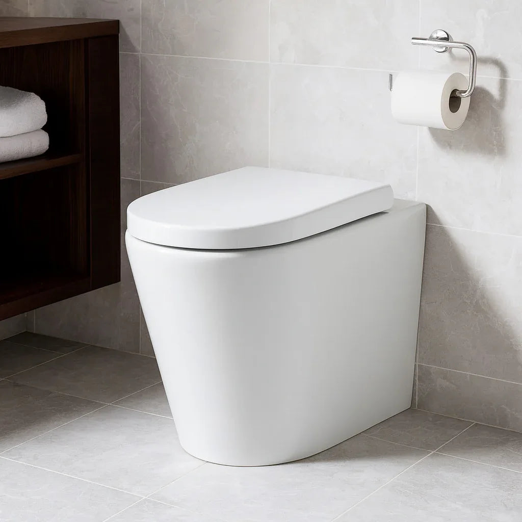 Modern white toilet in a bathroom with tiled walls and a wooden shelf.