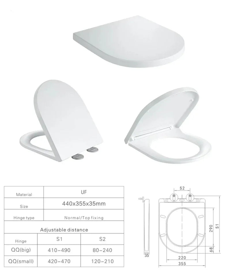 White toilet seat with dimensions and material information on a white background