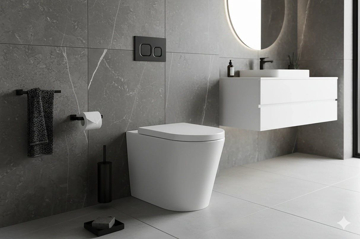 Modern bathroom with a toilet, sink, and towel rack.