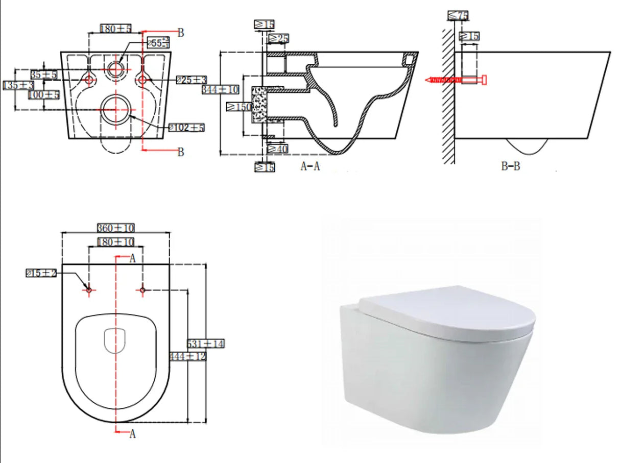 Technical drawing of a toilet with labeled parts and a modern toilet on a white background