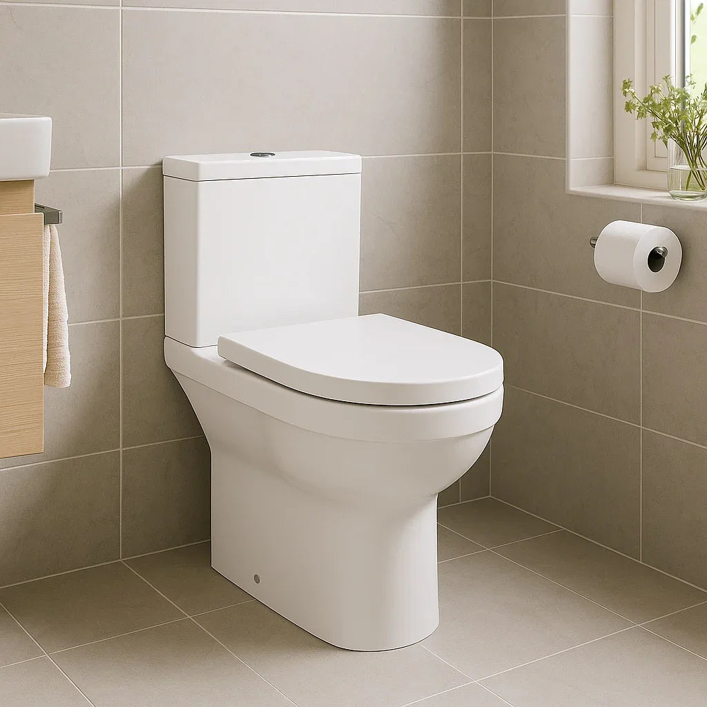 White toilet in a bathroom with beige tiles and a window.