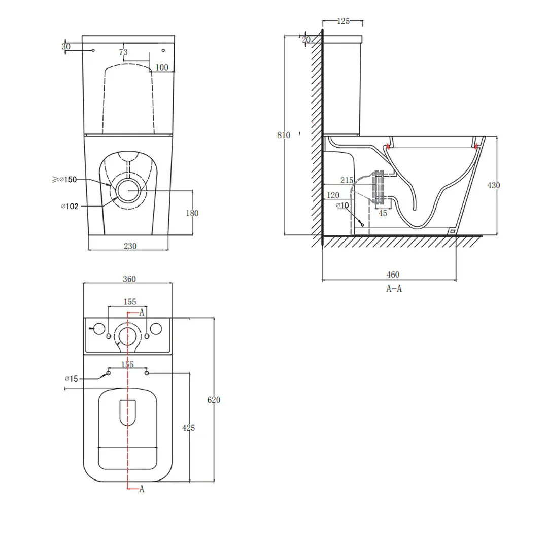 Technical drawing of a toilet with dimensions and details