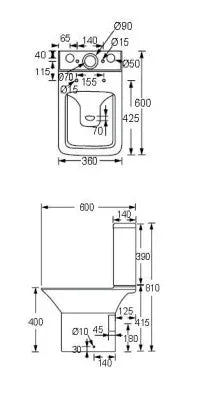 Technical drawing of a bathroom fixture with dimensions