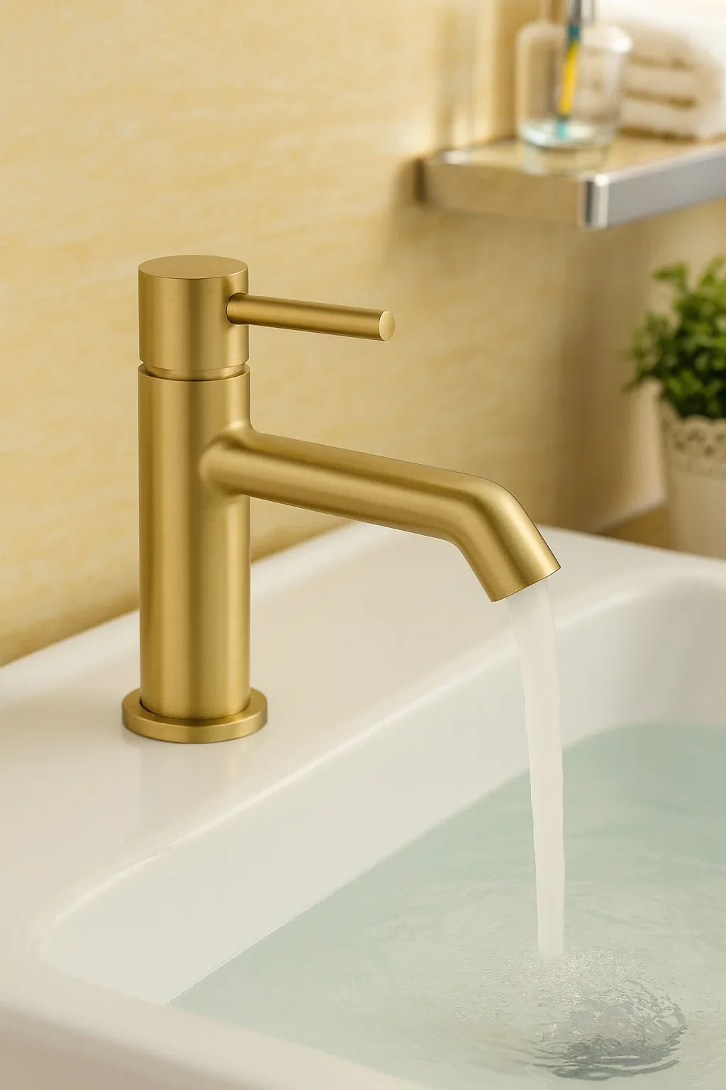 Gold faucet on a sink with a blurred bathroom background