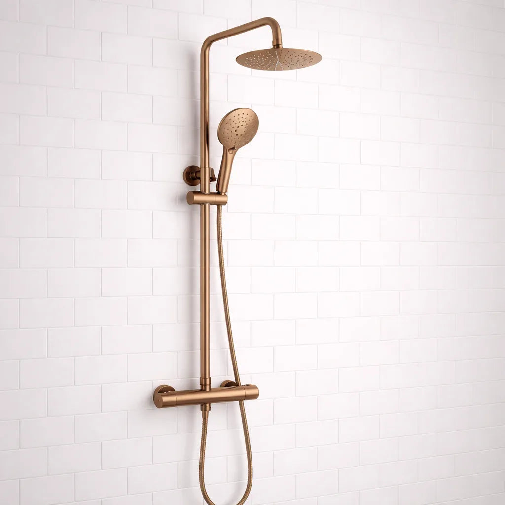 Bronze shower set with multiple nozzles on a white tiled wall background