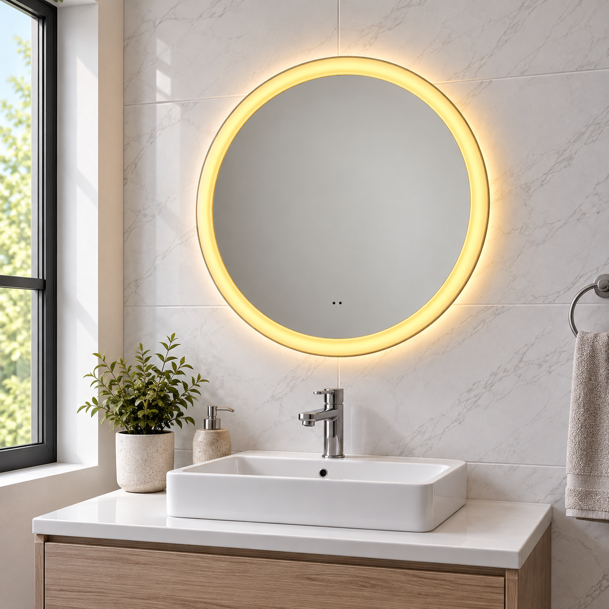 Orla Brushed Brass Round Illuminated LED Mirror 800x520mm