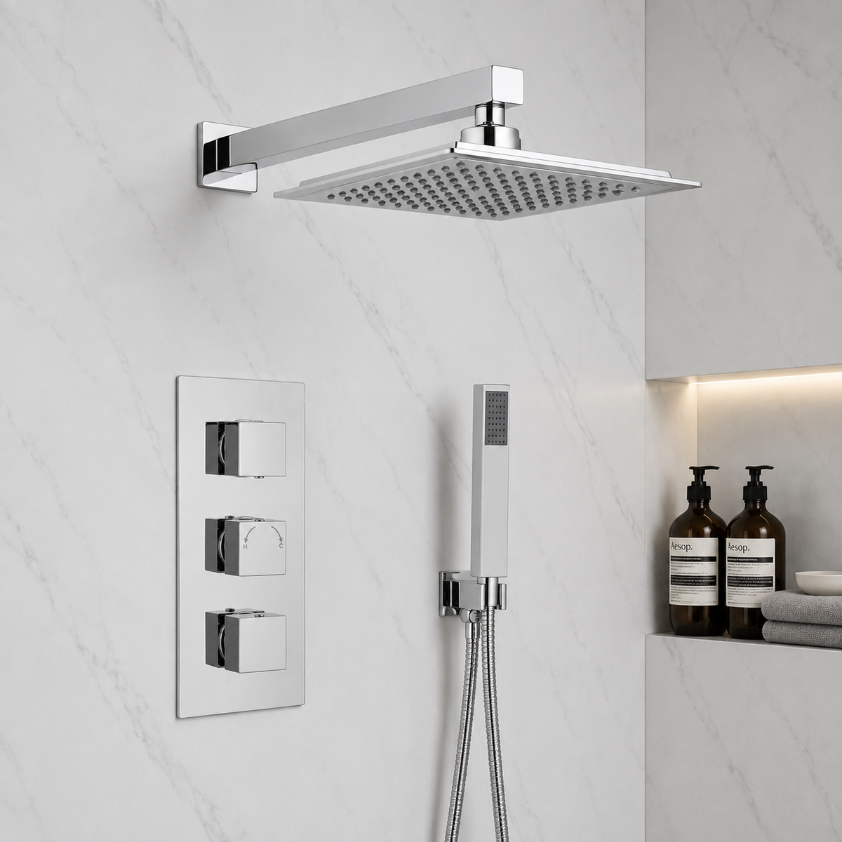 Mya Chrome Square Thermostatic Shower Set - 250mm Head & Hand Shower
