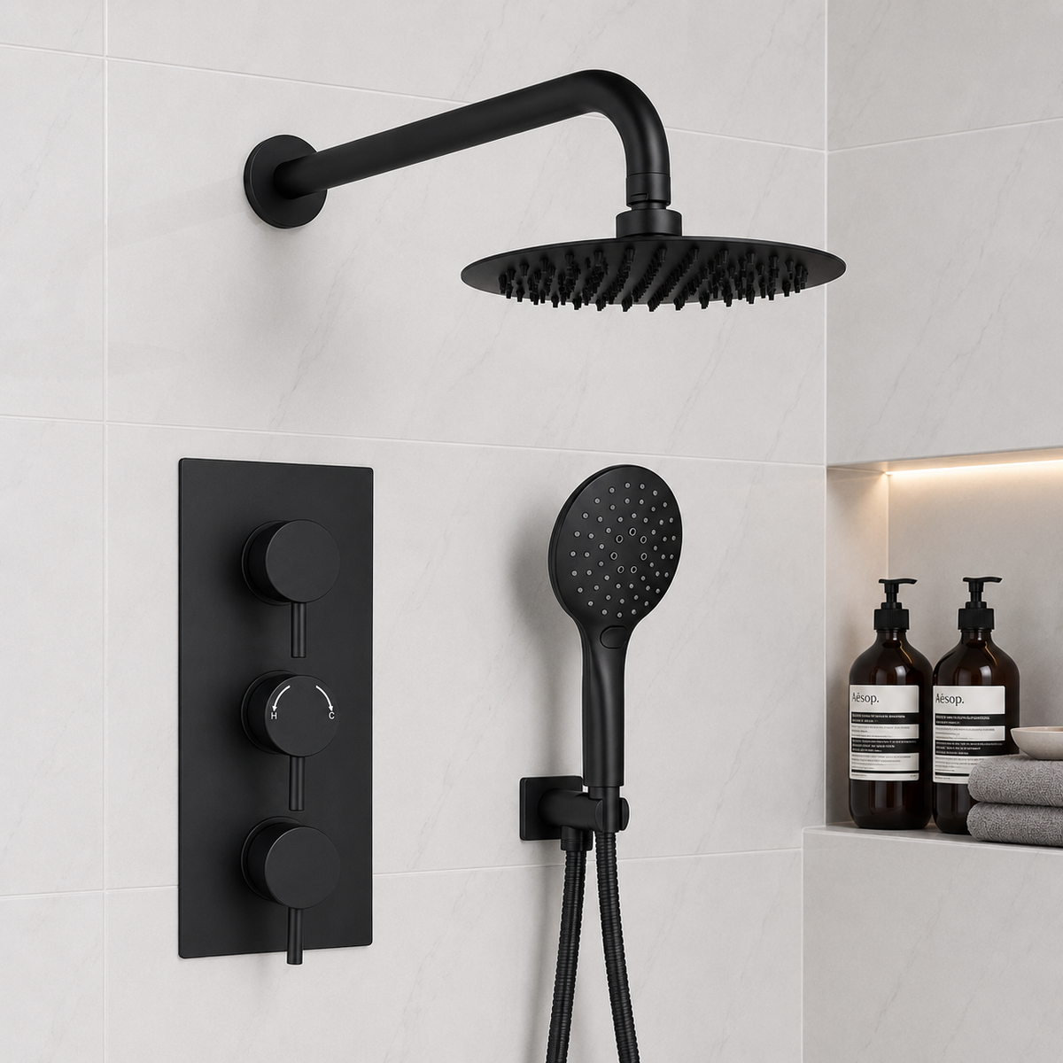 Mya Black Round Thermostatic Shower Set - 200mm Head & Hand Shower