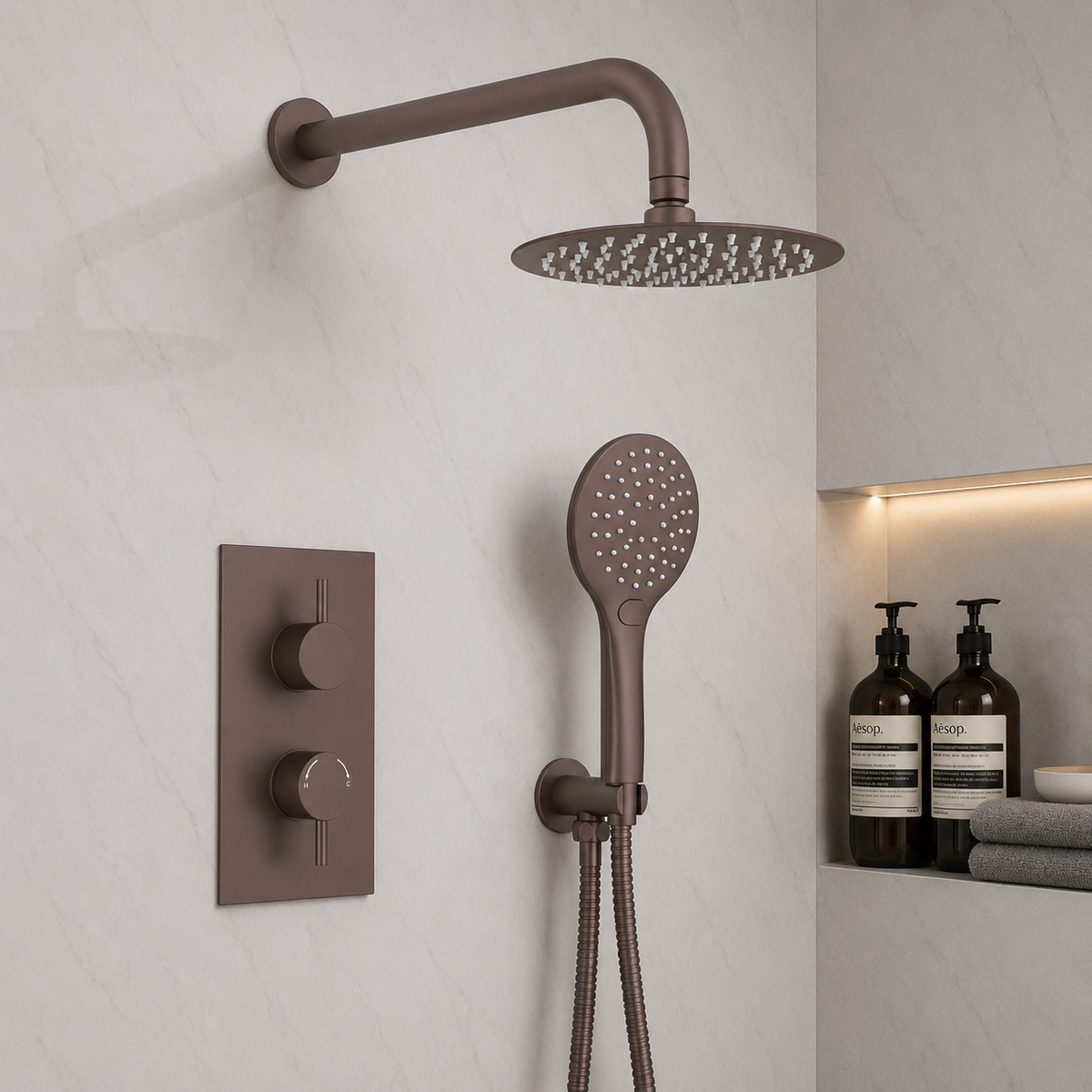 Mya Brushed Bronze Round Thermostatic Shower Set - 250mm Head & Hand Shower