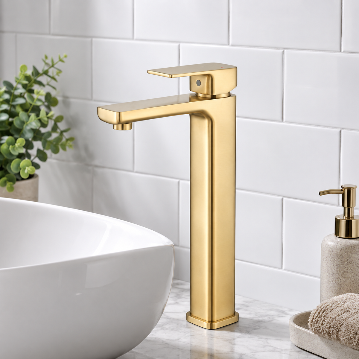 Kobe Brushed Brass Square High Rise Basin Mixer Tap
