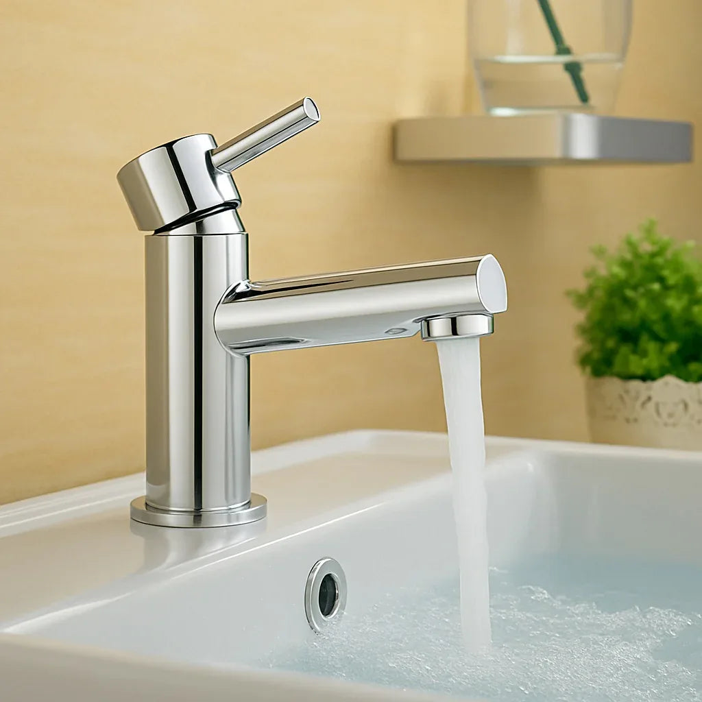 Chrome faucet with water flowing into a sink against a beige wall.