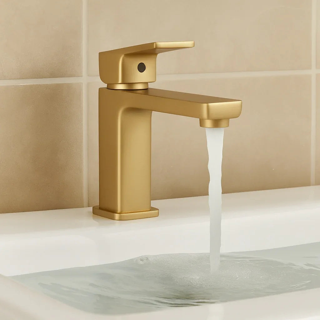 Gold faucet with water flowing into a sink against a beige tiled wall.