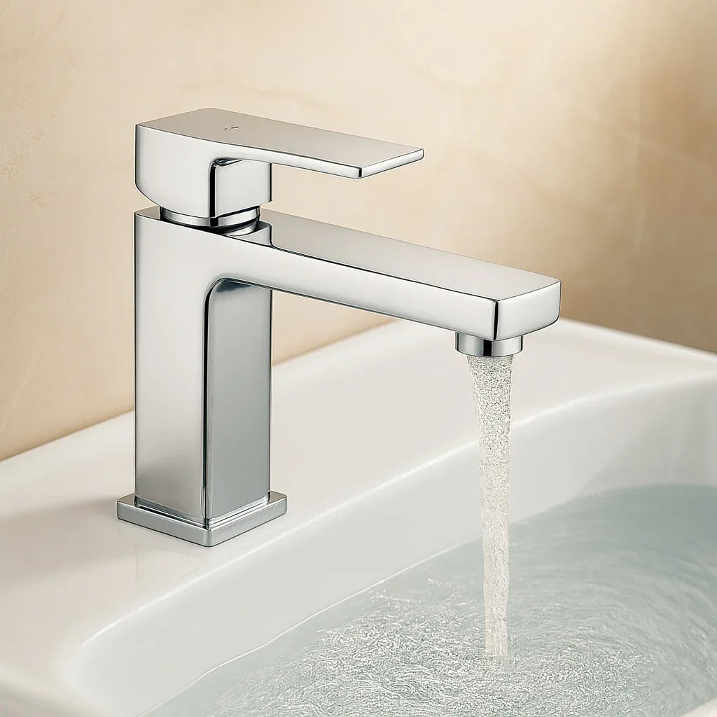 Chrome faucet with water flowing into a sink against a beige background