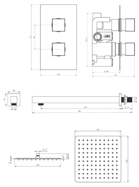 Mya Chrome Square Thermostatic Shower Set - 250mm Head