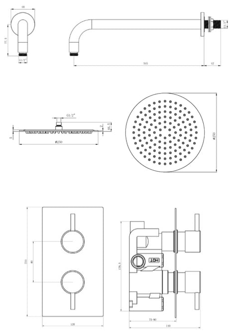 Mya Chrome Round Thermostatic Shower Set - 250mm Head