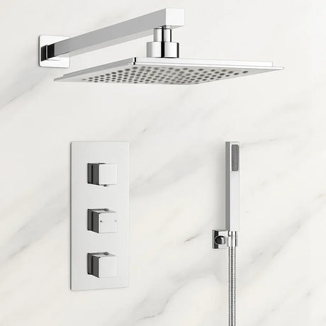 Chrome shower head and control panel on a white background