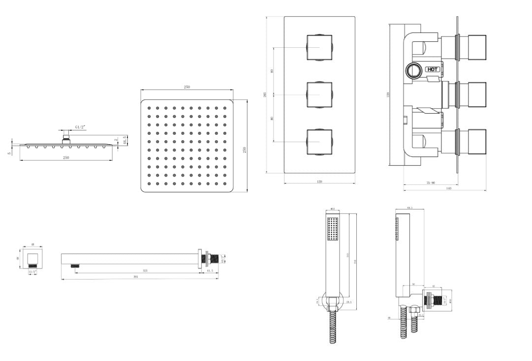 Mya Chrome Square Thermostatic Shower Set - 250mm Head & Hand Shower