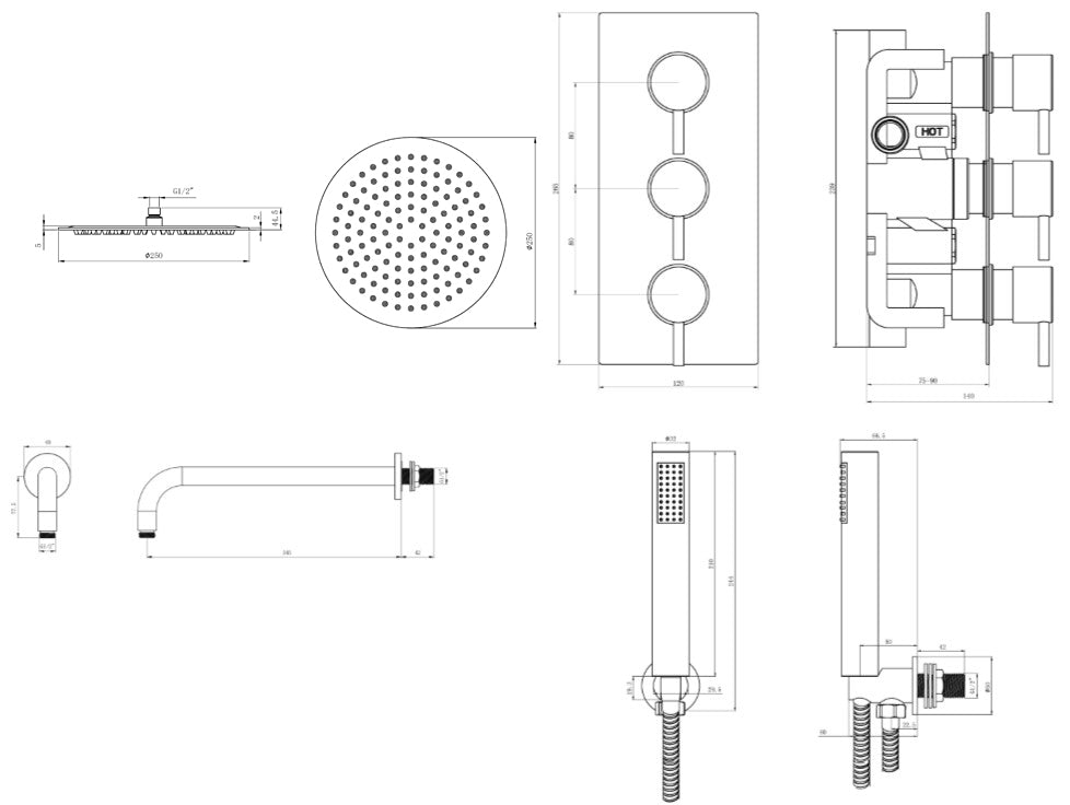Mya Chrome Round Thermostatic Shower Set - 250mm Head & Hand Shower