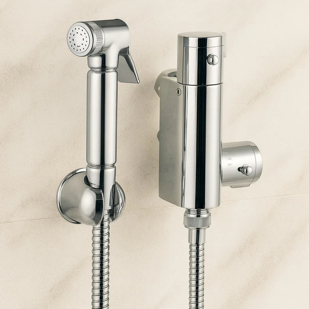 Chrome handheld shower head and wall-mounted shower control valve on a beige tiled wall.