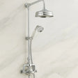 Chrome shower head and handheld shower on a white background