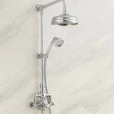Chrome shower head and handheld shower on a white background