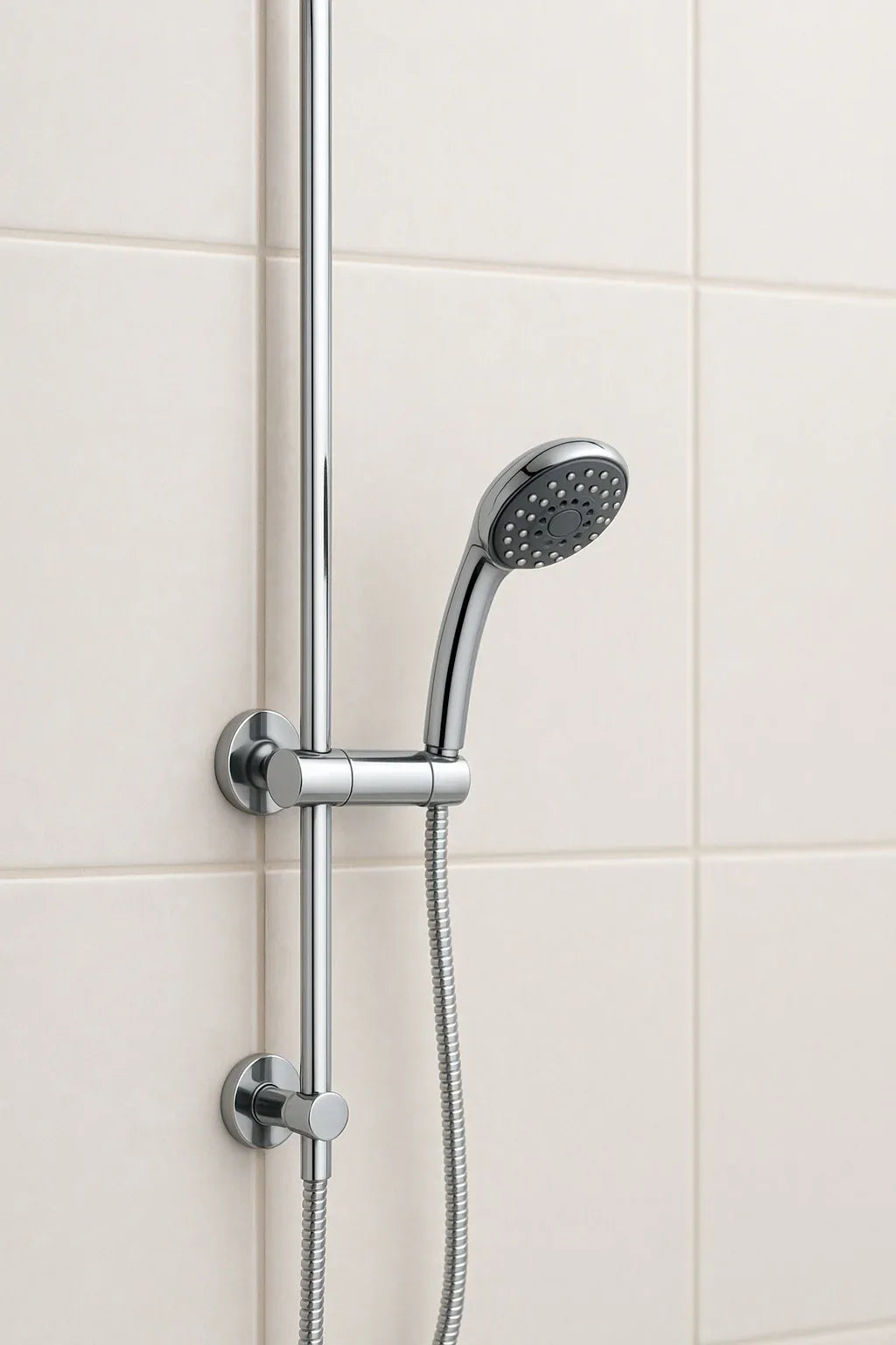 Chrome shower head and hose against a tiled bathroom wall