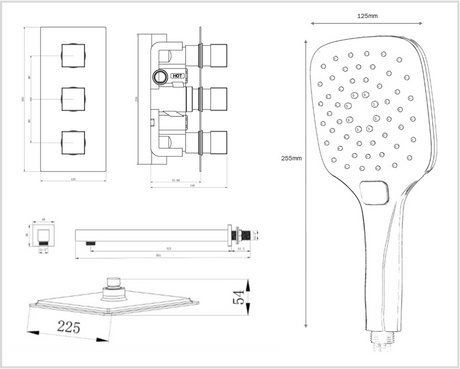 Mya Black Square Thermostatic Shower Set - 200mm Head & Hand Shower