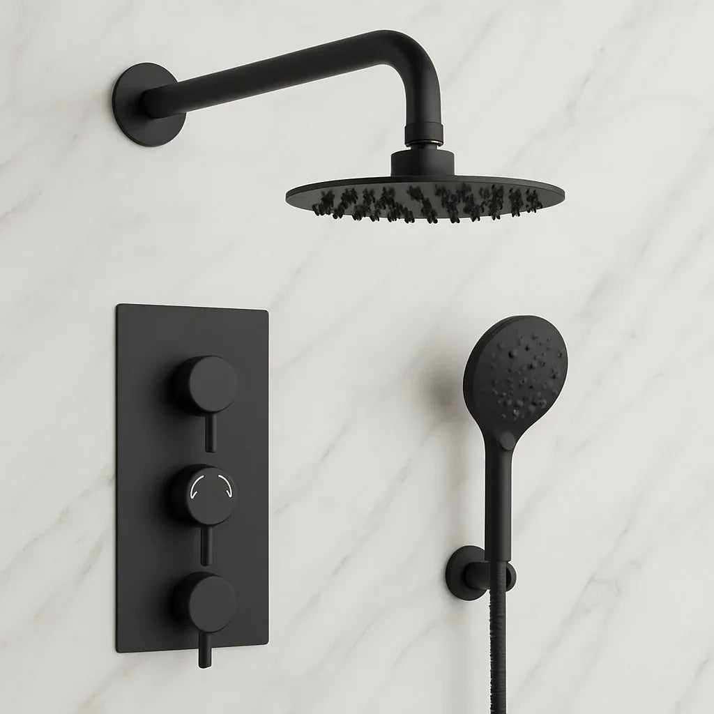 Black shower head and control panel set on a light gray background