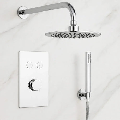 Chrome shower head and control panel on a tiled wall