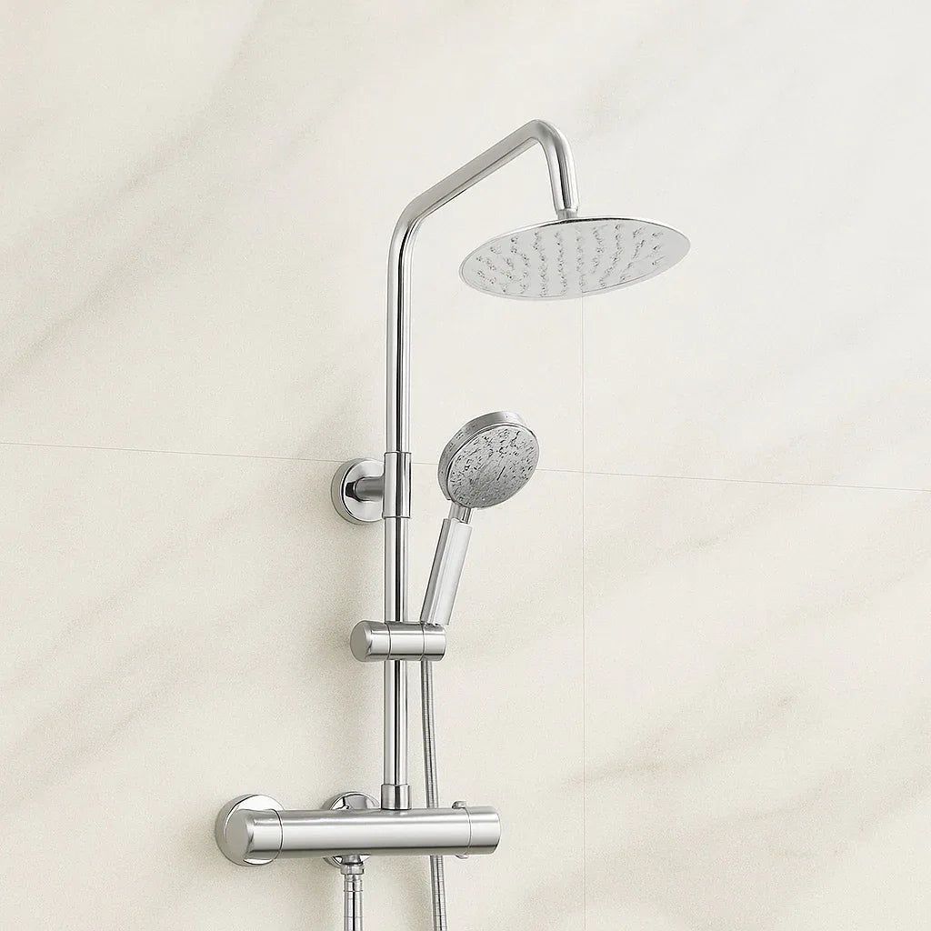 Chrome shower set with rain shower head and handheld shower on a light beige wall.