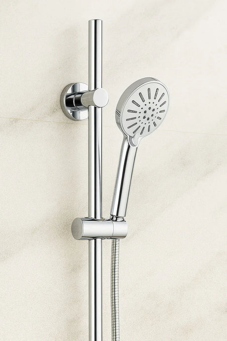 Chrome shower head and hose on a light beige background