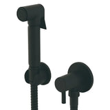 Black handheld shower head and wall-mounted valve on a white background