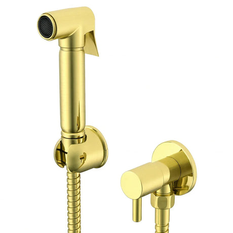 Gold-colored bidet spray with hose on a white background