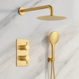 Gold shower set with shower head and control valve on a marble background