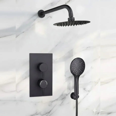 Black shower head and control panel on a marble wall