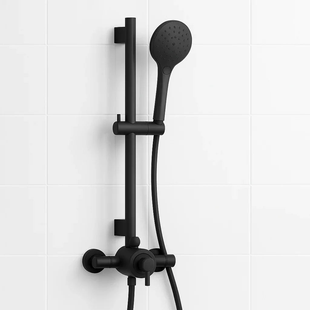 Black shower handle set with handheld showerhead on a white tiled wall background