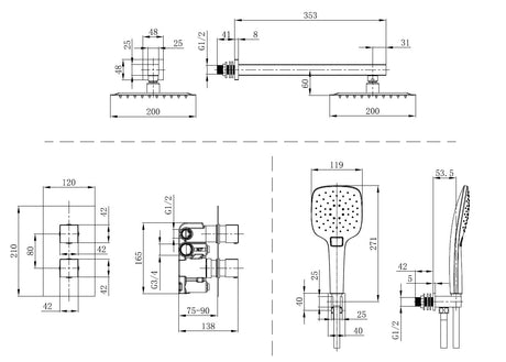 Mya Gunmetal Grey Square Thermostatic Shower Set - 250mm Head & Hand Shower