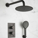 Black shower head, handheld shower, and control panel on a marble background