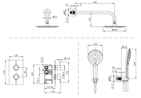 Mya Gunmetal Grey Round Thermostatic Shower Set - 250mm Head & Hand Shower