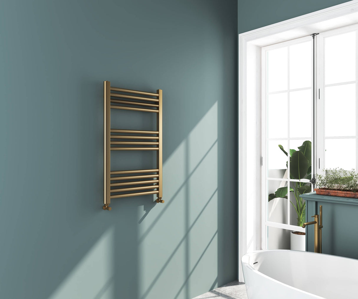 Omata Brushed Brass Straight Heated Towel Rail 800x500mm
