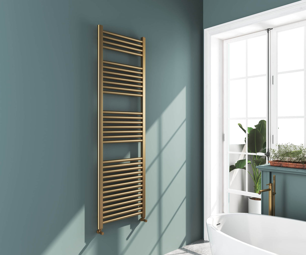 Omata Brushed Brass Straight Heated Towel Rail 1600x500mm